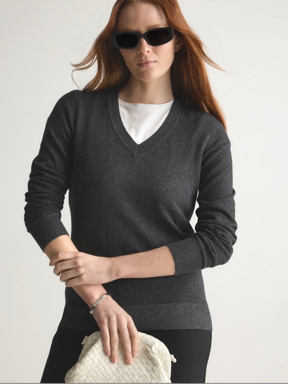 NWT Quince Lightweight Cotton Cashmere V-Neck Sweater Heather Charcoal Sz S 🧡🎀